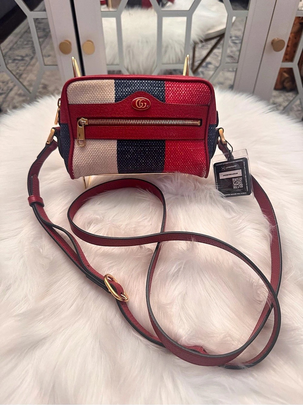 Gucci Canvas Sylvie Stripe Mini Ophidia Camera crossbody Bag